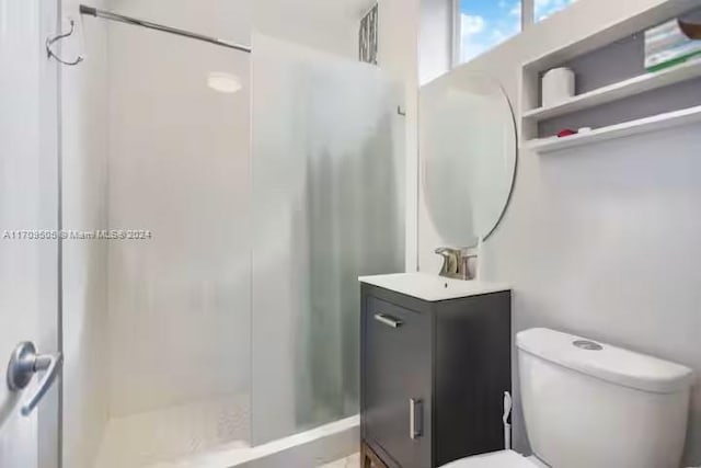 bathroom with vanity, toilet, and a shower