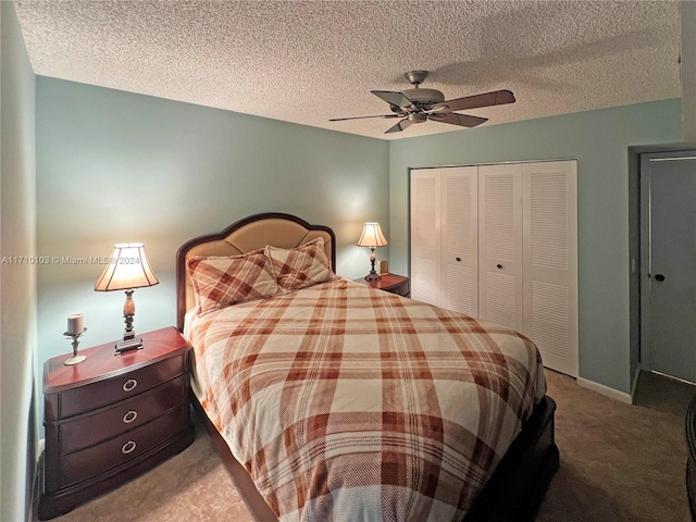 carpeted bedroom with a textured ceiling, a closet, and ceiling fan