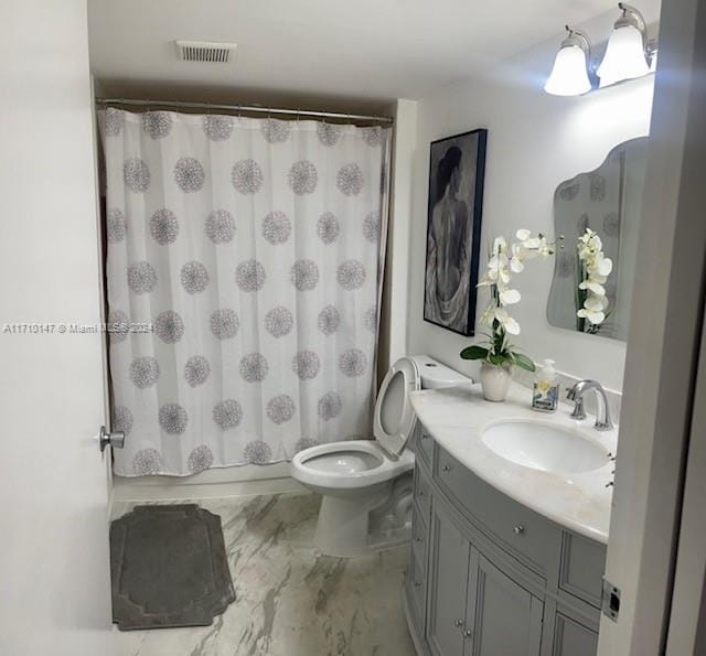 full bathroom with vanity, toilet, and shower / bathtub combination with curtain