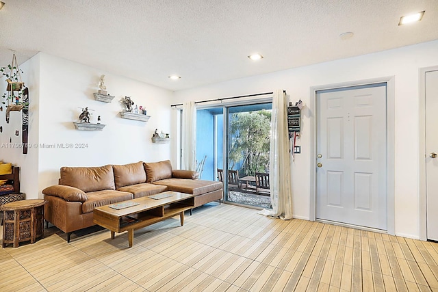 living room with a textured ceiling