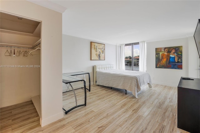 bedroom featuring a closet, a walk in closet, and light hardwood / wood-style flooring