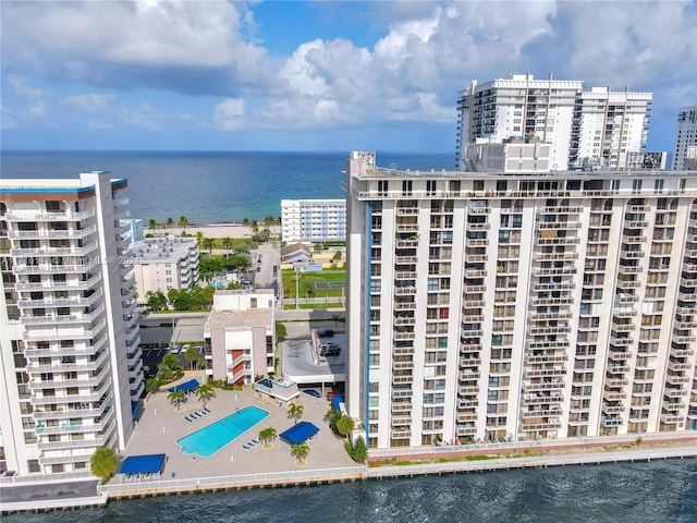 drone / aerial view with a water view