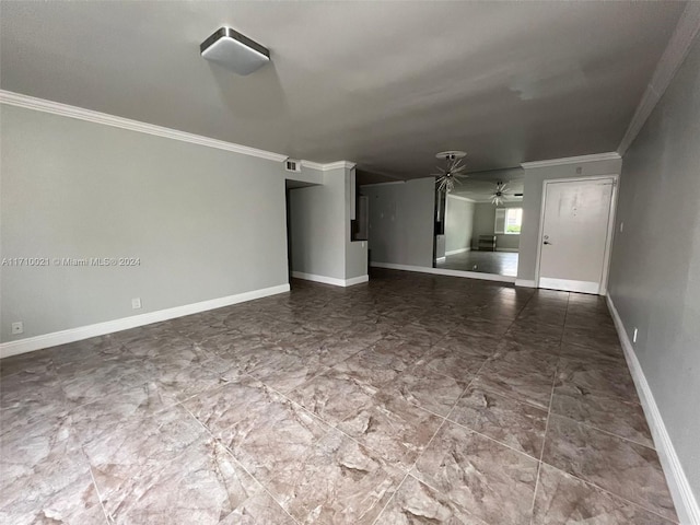 unfurnished living room featuring ceiling fan and crown molding