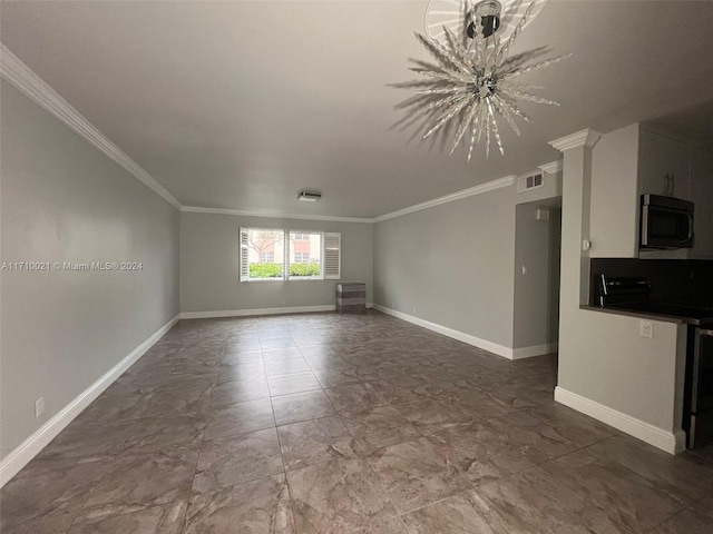 unfurnished living room featuring crown molding and a notable chandelier