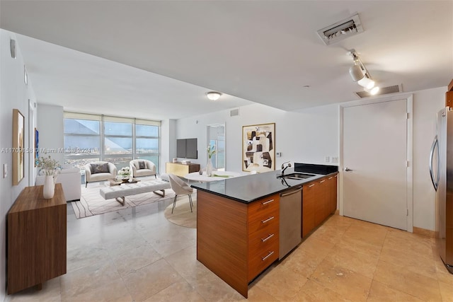 kitchen with sink, kitchen peninsula, and stainless steel appliances