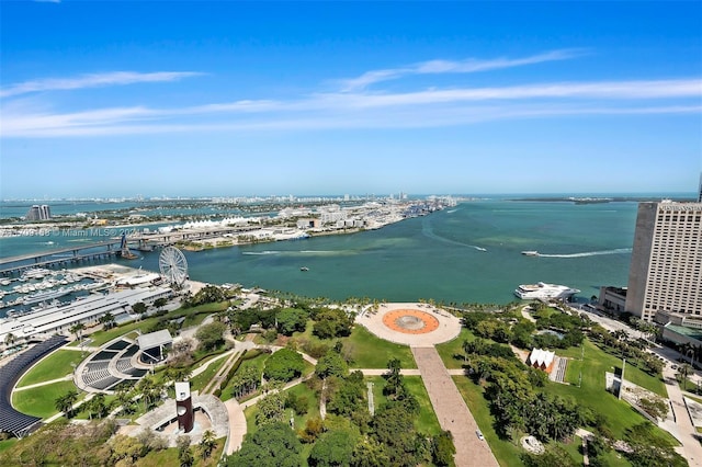 drone / aerial view featuring a water view