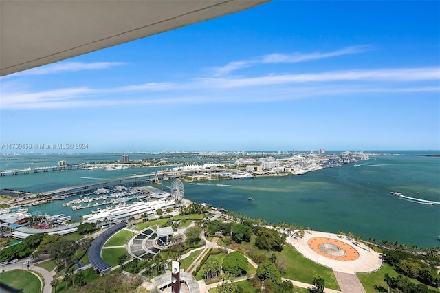 drone / aerial view featuring a water view