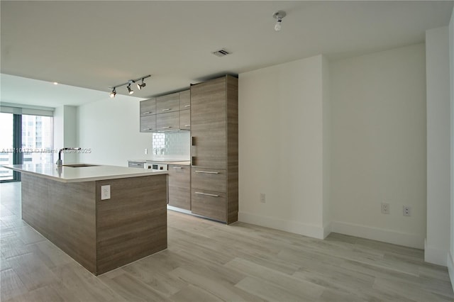 kitchen with rail lighting, light wood-type flooring, sink, and a center island with sink