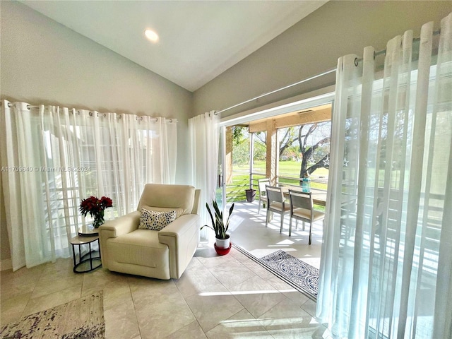 living area featuring vaulted ceiling