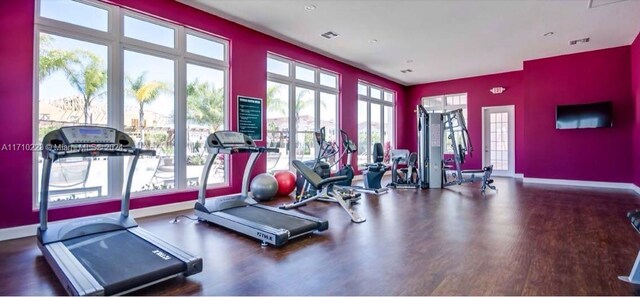 workout area featuring dark wood-type flooring and a healthy amount of sunlight