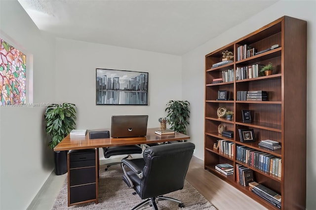 home office with hardwood / wood-style flooring