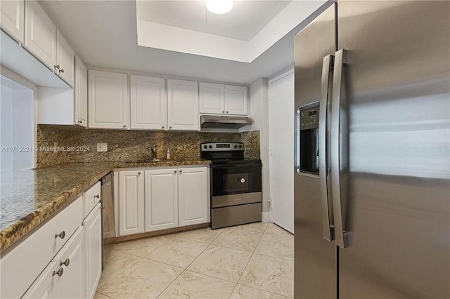 kitchen with white cabinets, tasteful backsplash, stainless steel appliances, and a tray ceiling