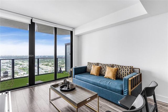 living room featuring hardwood / wood-style floors, floor to ceiling windows, and a wealth of natural light