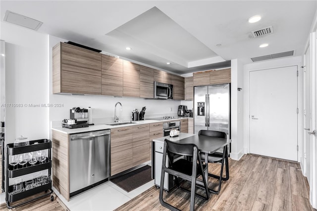 kitchen featuring sink, light hardwood / wood-style floors, and appliances with stainless steel finishes