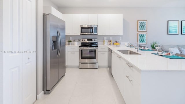 kitchen featuring kitchen peninsula, stainless steel appliances, white cabinets, and sink