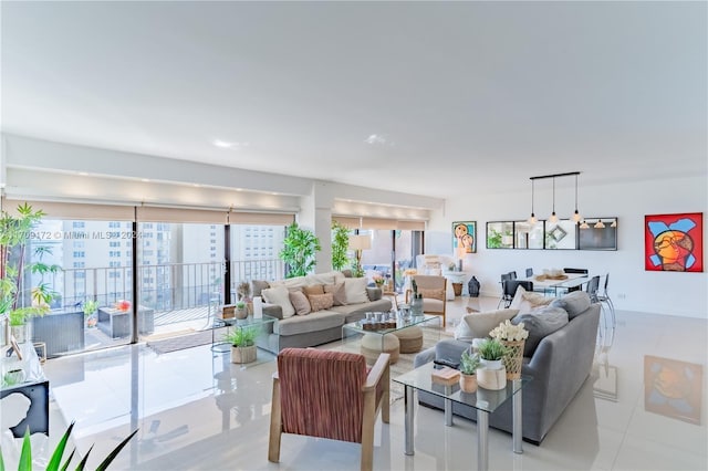 living room featuring light tile patterned floors