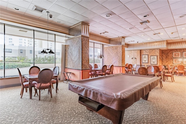 game room with carpet flooring, a drop ceiling, and pool table