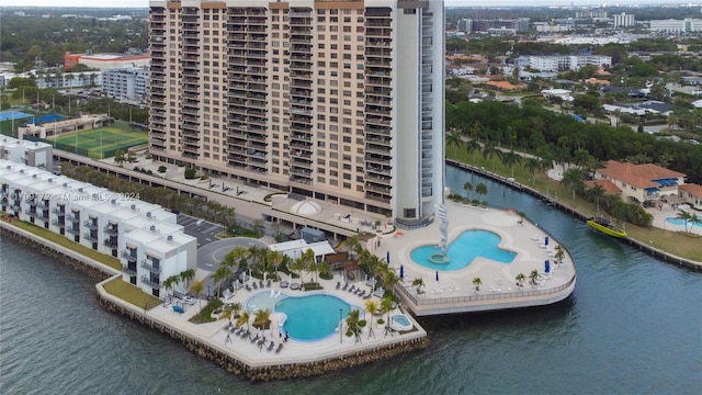 bird's eye view with a water view