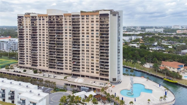 view of building exterior featuring a water view