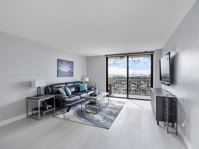 living room with floor to ceiling windows and light wood-type flooring