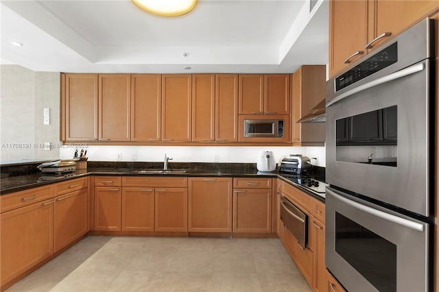 kitchen featuring stainless steel appliances, a raised ceiling, a warming drawer, and a sink