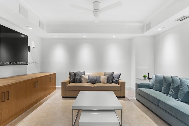 living room featuring a ceiling fan, recessed lighting, visible vents, and crown molding