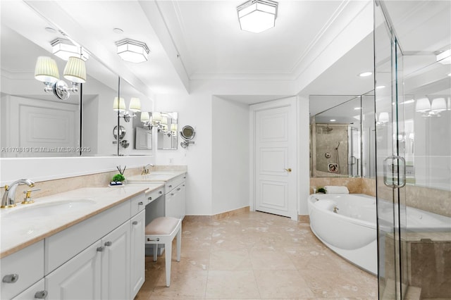 full bath featuring crown molding, a soaking tub, a sink, and a shower stall