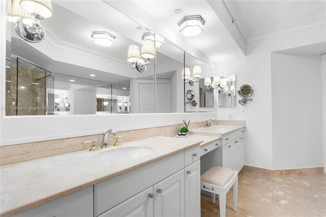 full bath with crown molding, tiled shower, a sink, and double vanity