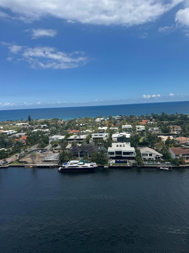 bird's eye view with a water view