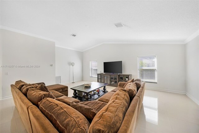 living room with light tile patterned floors, ornamental molding, and vaulted ceiling