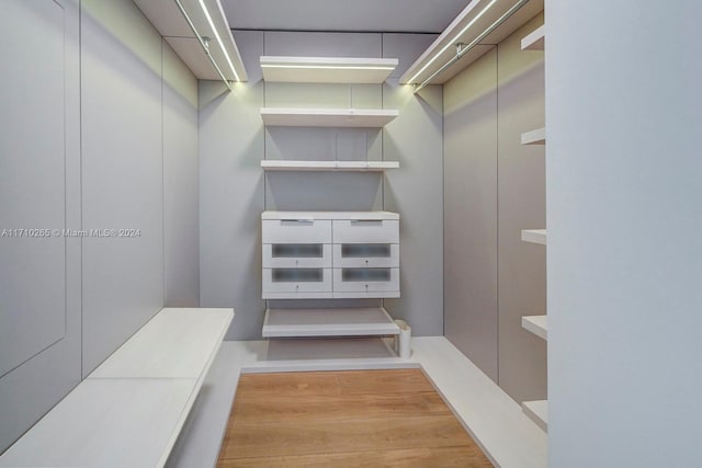 walk in closet with light hardwood / wood-style floors