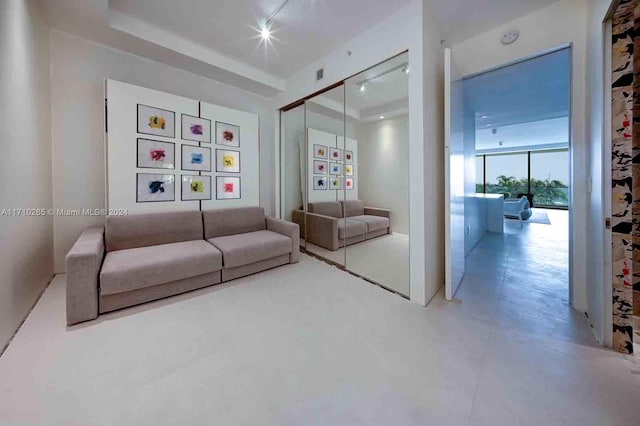 living room featuring a raised ceiling