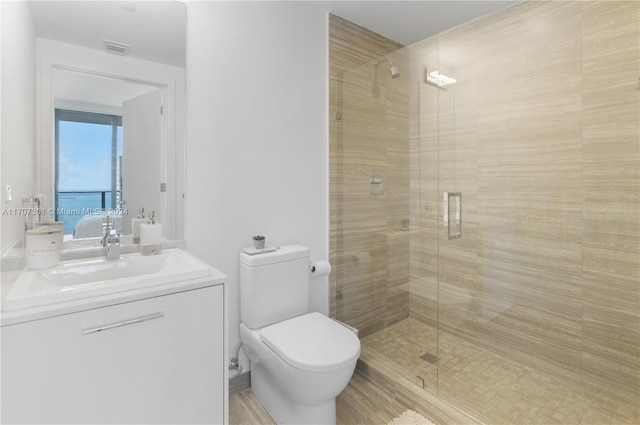 bathroom with toilet, vanity, and walk in shower