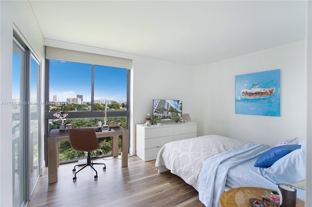 bedroom with light hardwood / wood-style floors and multiple windows