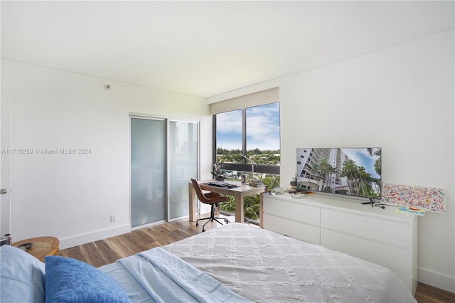 bedroom with wood-type flooring and a closet