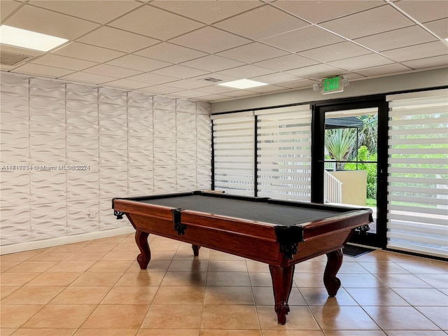 rec room featuring tile patterned floors, a drop ceiling, and pool table