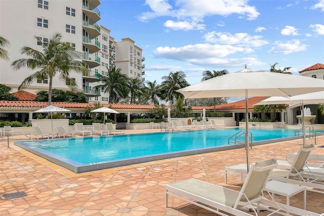 view of swimming pool with a patio