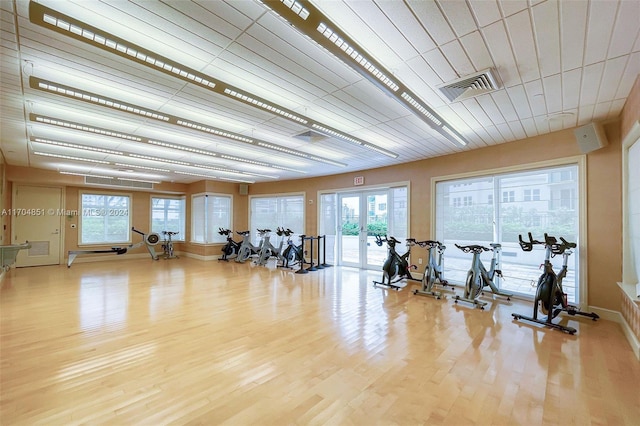 exercise room with french doors, a healthy amount of sunlight, and hardwood / wood-style flooring