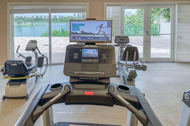 gym featuring french doors and plenty of natural light