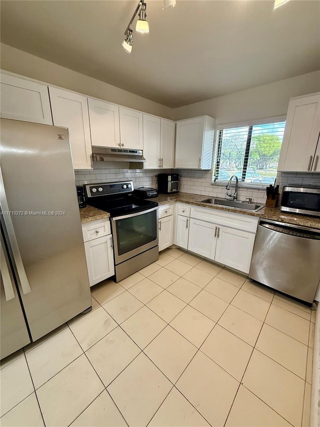 kitchen featuring tasteful backsplash, white cabinetry, sink, and appliances with stainless steel finishes