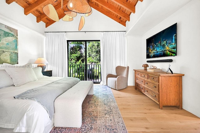 bedroom featuring access to exterior, high vaulted ceiling, wooden ceiling, beamed ceiling, and light hardwood / wood-style floors