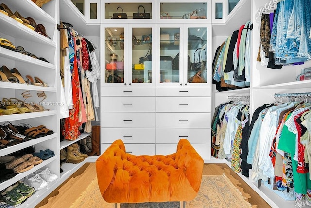 walk in closet with light hardwood / wood-style flooring