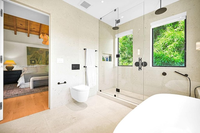 bathroom featuring an enclosed shower, beam ceiling, toilet, and wooden ceiling