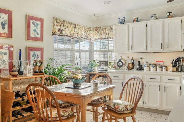 tiled dining area with ornamental molding