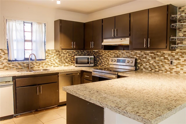 kitchen with dark brown cabinetry, decorative backsplash, sink, and stainless steel appliances