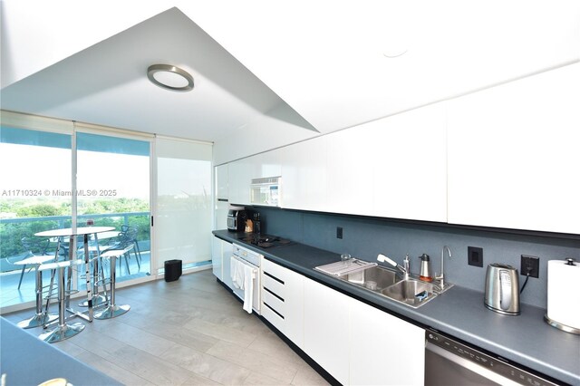 2127 Brickell Ave Unit 1005, Miami, FL 33129 - kitchen with stainless steel dishwasher, a sink, white microwave, white cabinets, and a wall of windows
