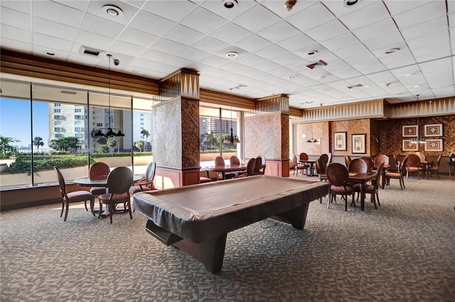 playroom with carpet, a paneled ceiling, plenty of natural light, and pool table