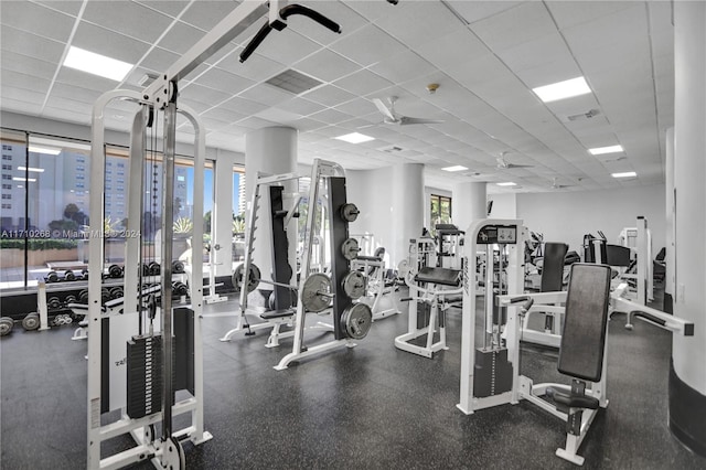 gym with ceiling fan and a drop ceiling