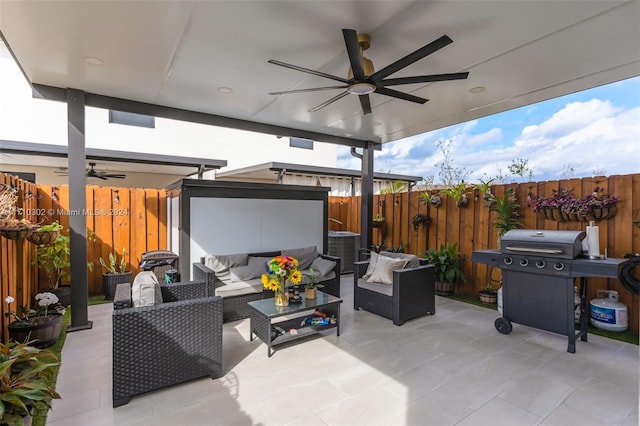 view of patio featuring an outdoor living space and a grill