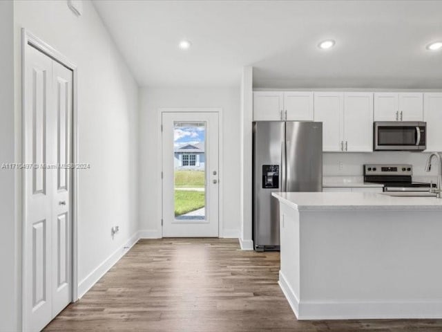 kitchen with white cabinets, wood-type flooring, and stainless steel appliances